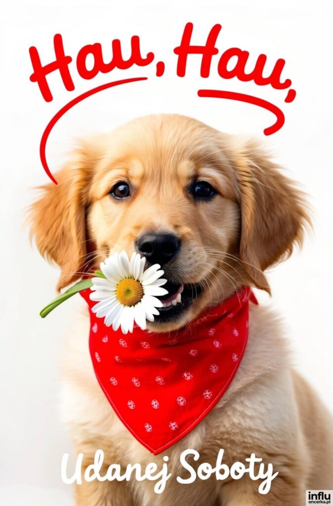 Szczeniak golden retrievera w czerwonej chustce trzyma w pysku stokrotkę, u góry napis „Hau, Hau,”