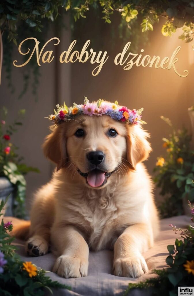 Uśmiechnięty szczeniak golden retrievera w wianku z kolorowych kwiatów leży wśród roślin z napisem „Na dobry dzionek”
