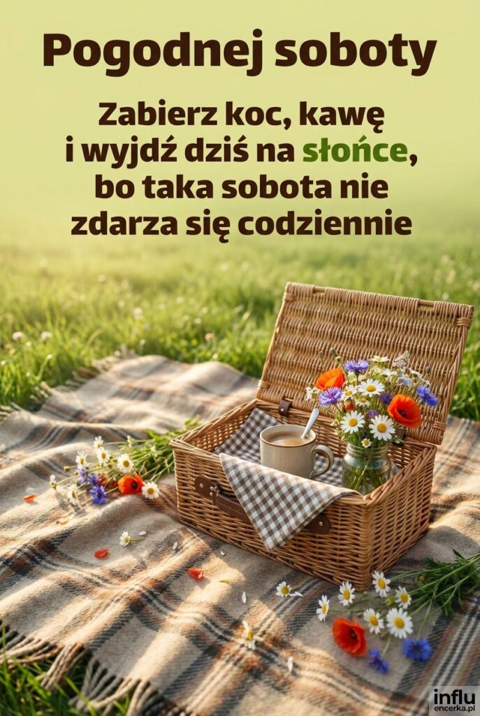 Piknik na trawie z kawą i kwiatami w słońcu z napisem Pogodnej soboty