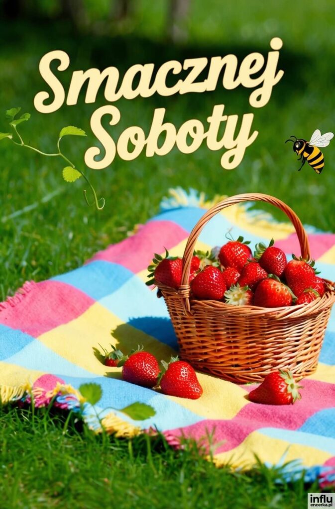 Kosz wiklinowy pełen czerwonych truskawek na kolorowym kocu piknikowym na trawie, pszczoła w tle i napis „Smacznej Soboty”