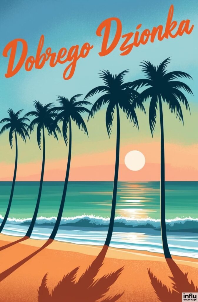 Plakat w stylu vintage z sylwetkami palm na tropikalnej plaży o zachodzie słońca i napisem „Dobrego Dzionka”