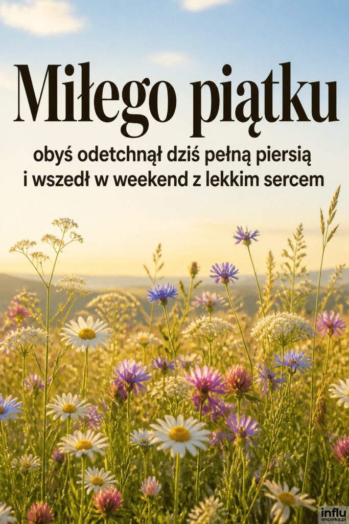Łąka polnych kwiatów pod jasnym niebem z nagłówkiem „Miłego piątku” w ciemnym szeryfie.