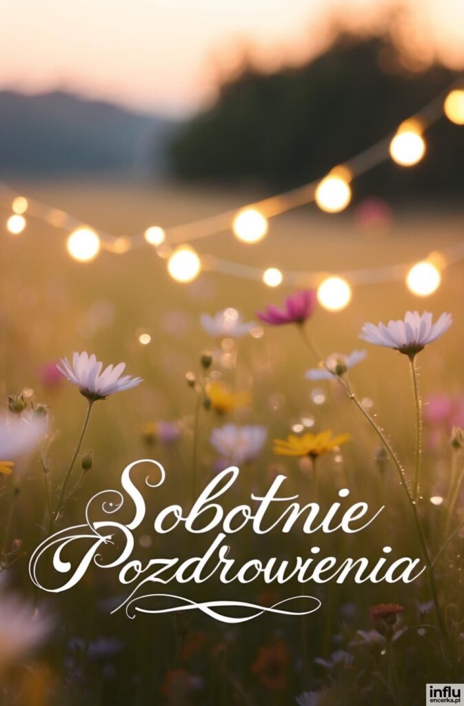 Letnia łąka z kolorowymi kwiatami polnymi i girlandą świetlną o zmierzchu, z napisem „Sobotnie Pozdrowienia”