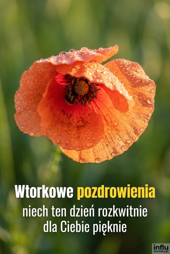 Kwiat pokryty kroplami rosy w słońcu z napisem Wtorkowe pozdrowienia