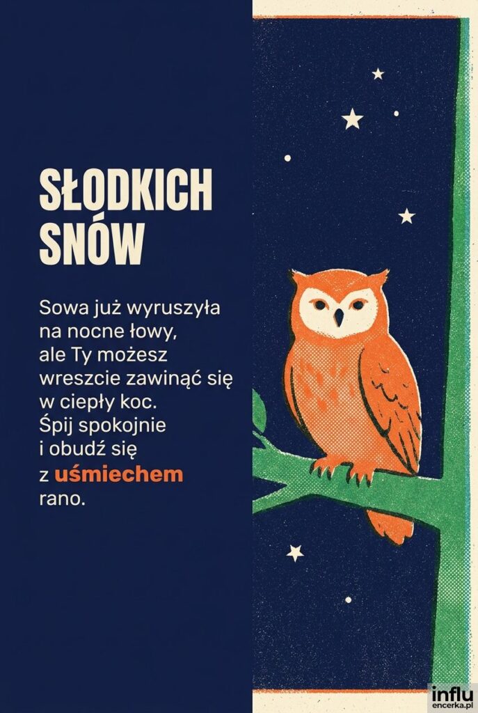 Kartka w stylu sitodruku z sową i napisem „Słodkich snów”.