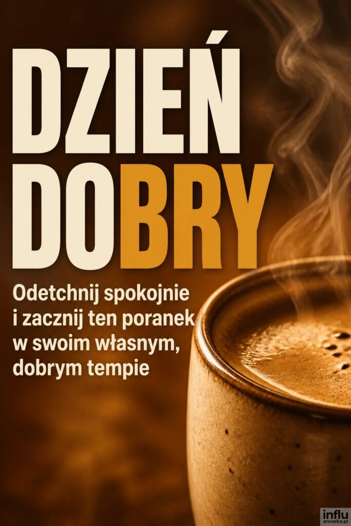Makro filiżanki gorącej kawy z parą i nagłówkiem „DZIEŃ DOBRY" po lewej.