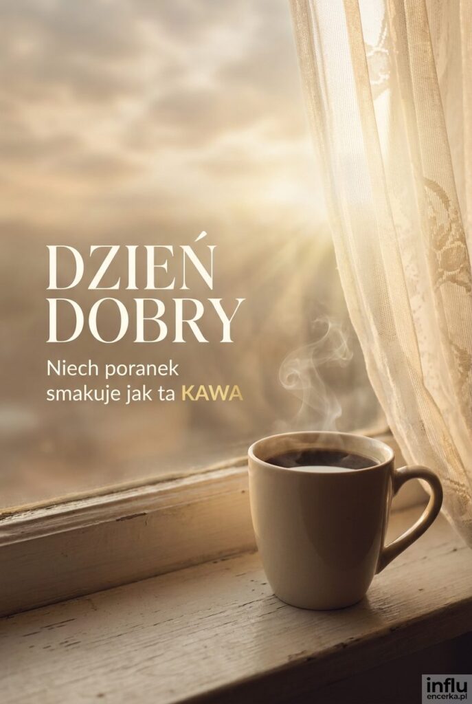 Filiżanka parującej kawy na parapecie w porannym słońcu z napisem „Dzień dobry" i podtytułem o smaku poranka.