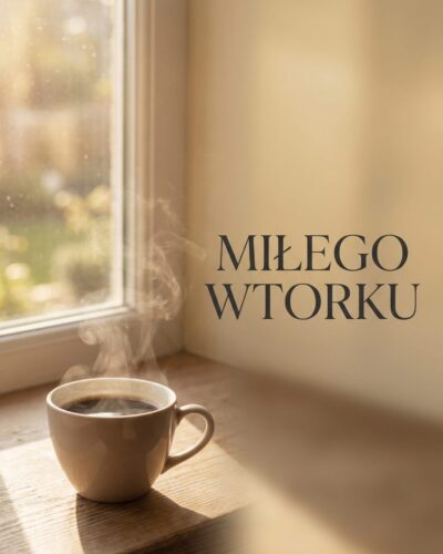 Filiżanka kawy na stole w porannym świetle z napisem „Miłego wtorku" na jasnej rozmytej ścianie.