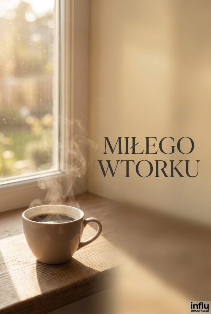 Filiżanka kawy na stole w porannym świetle z napisem „Miłego wtorku" na jasnej rozmytej ścianie.
