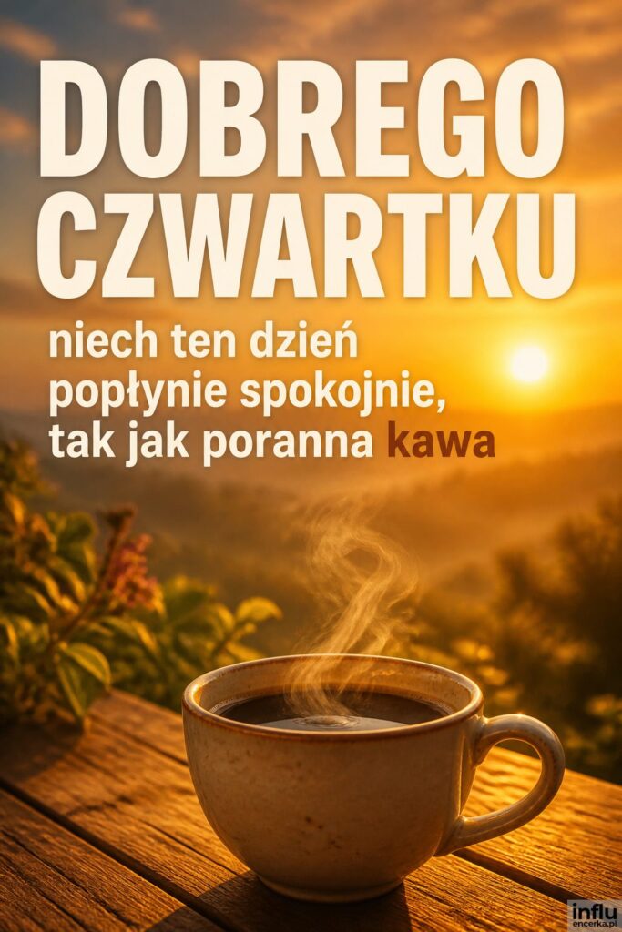 Filiżanka parującej kawy na drewnianym stoliku w złotym świetle poranka z napisem „Dobrego czwartku".