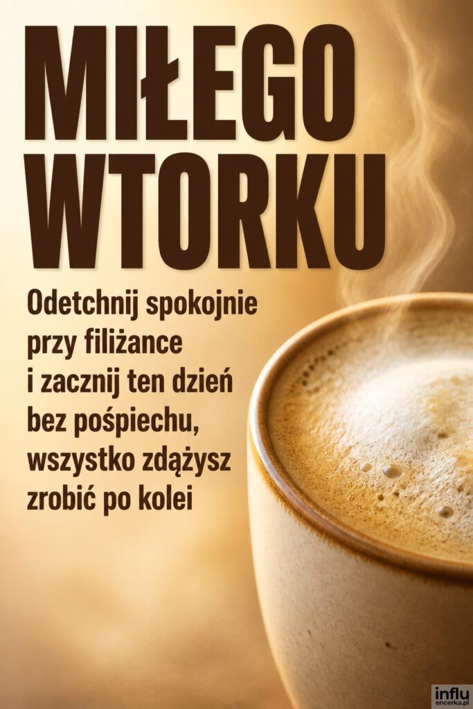 Zbliżenie parującego kubka kawy z pianką i nagłówek „MIŁEGO WTORKU” na jasnym rozmytym tle.