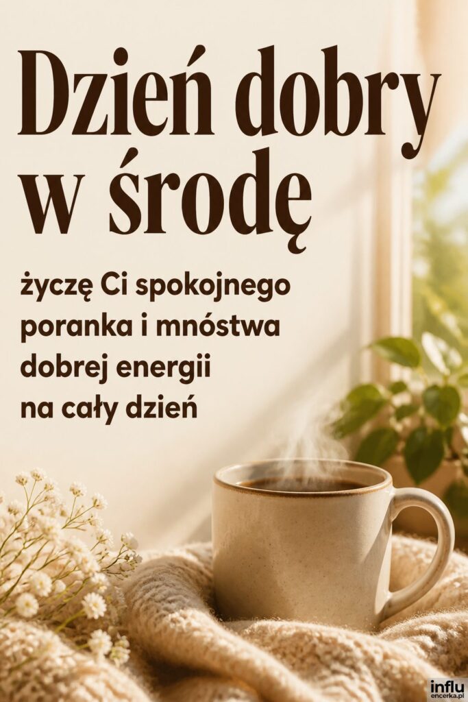 Parujący kubek kawy przy oknie z nagłówkiem „Dzień dobry w środę” na jasnej ścianie.