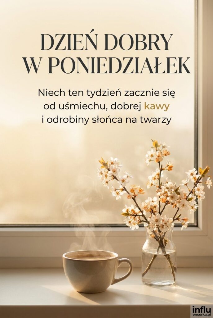 Filiżanka parującej kawy przy oknie w porannym słońcu z napisem „Dzień dobry w poniedziałek".