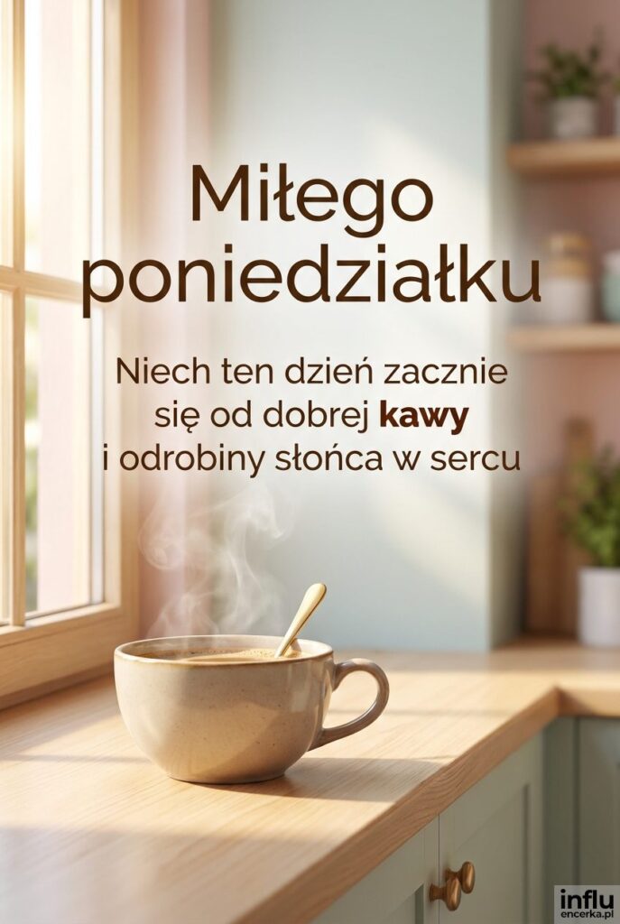 Filiżanka parującej kawy na jasnym blacie w porannym słońcu z napisem Miłego poniedziałku