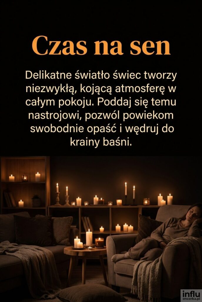 Mroczne pomieszczenie ze światłem świec, z centralnym i ciepłym napisem „Czas na sen”.