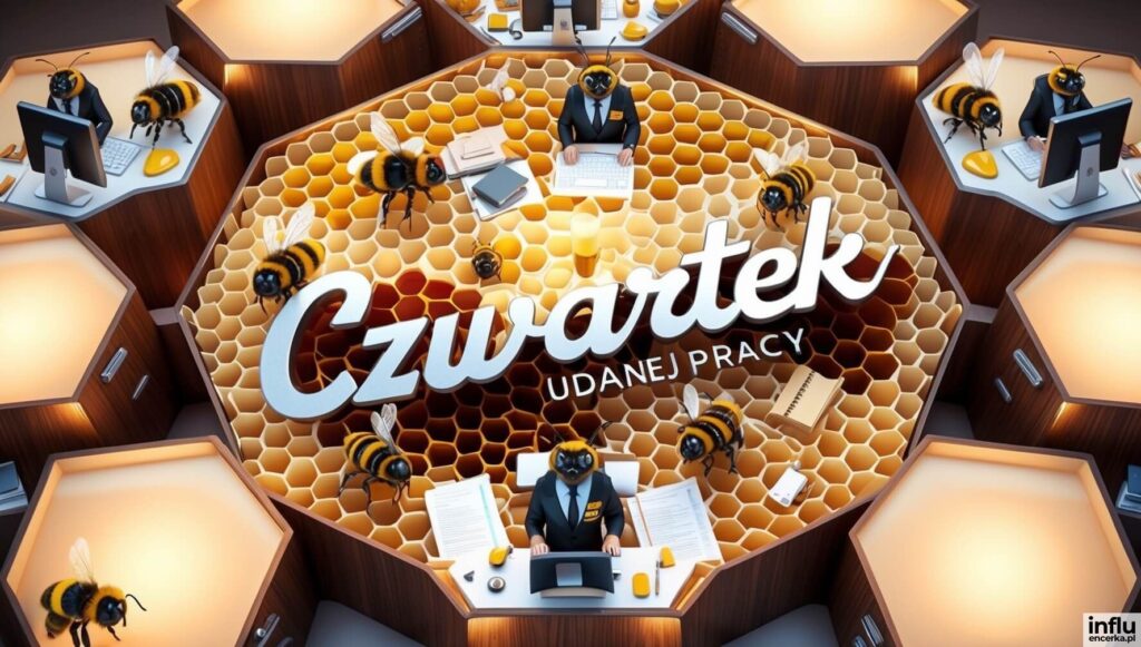 Pszczoły pracujące w biurze, napis: czwartek, udanej pracy