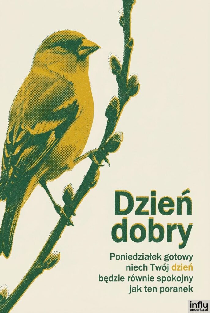 Ilustracja ptaka na gałązce w stylu sitodruku z napisem Dzień dobry poniedziałek gotowy.