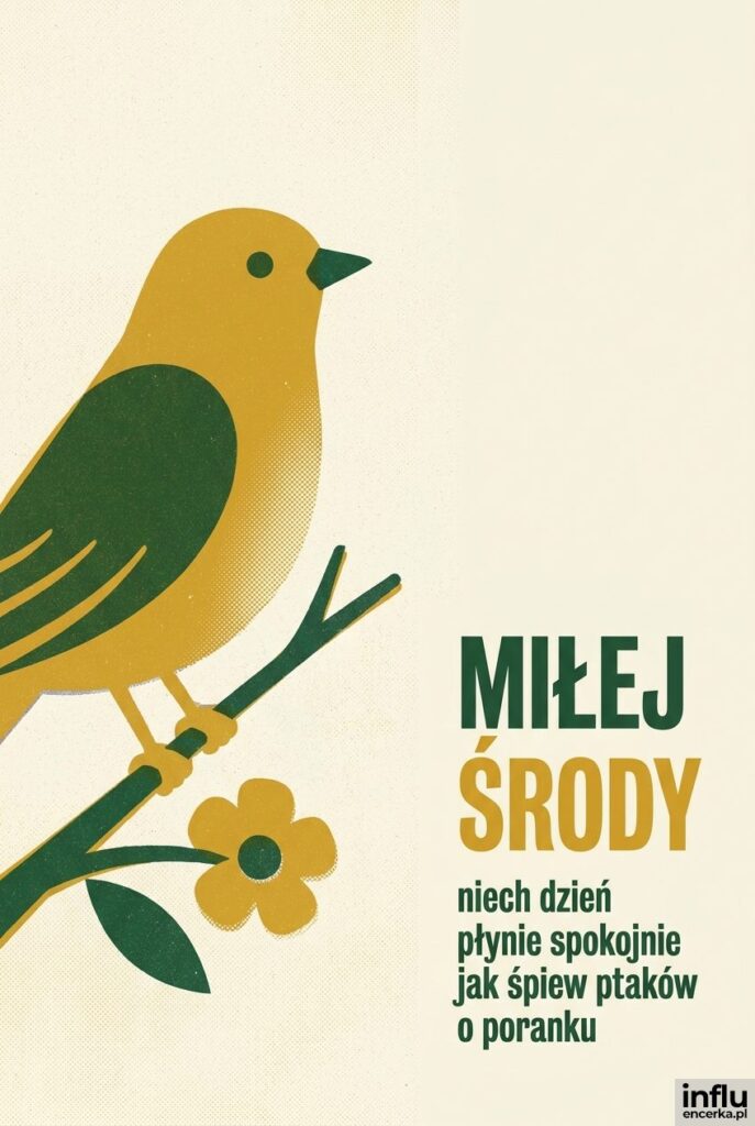 Ilustracja ptaka na gałązce z kwiatem w stylu risografu obok napisu „Miłej środy".