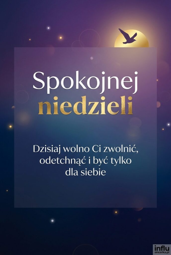 Nastrojowe granatowo-fioletowe tło z lecącym ptakiem i napisem Spokojnej niedzieli