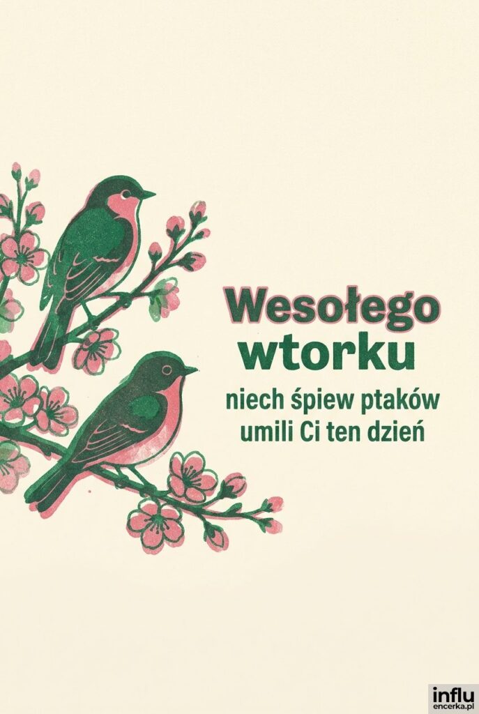 Ilustracja ptaków na gałęzi z kwiatami w stylu risografu, napis Wesołego wtorku