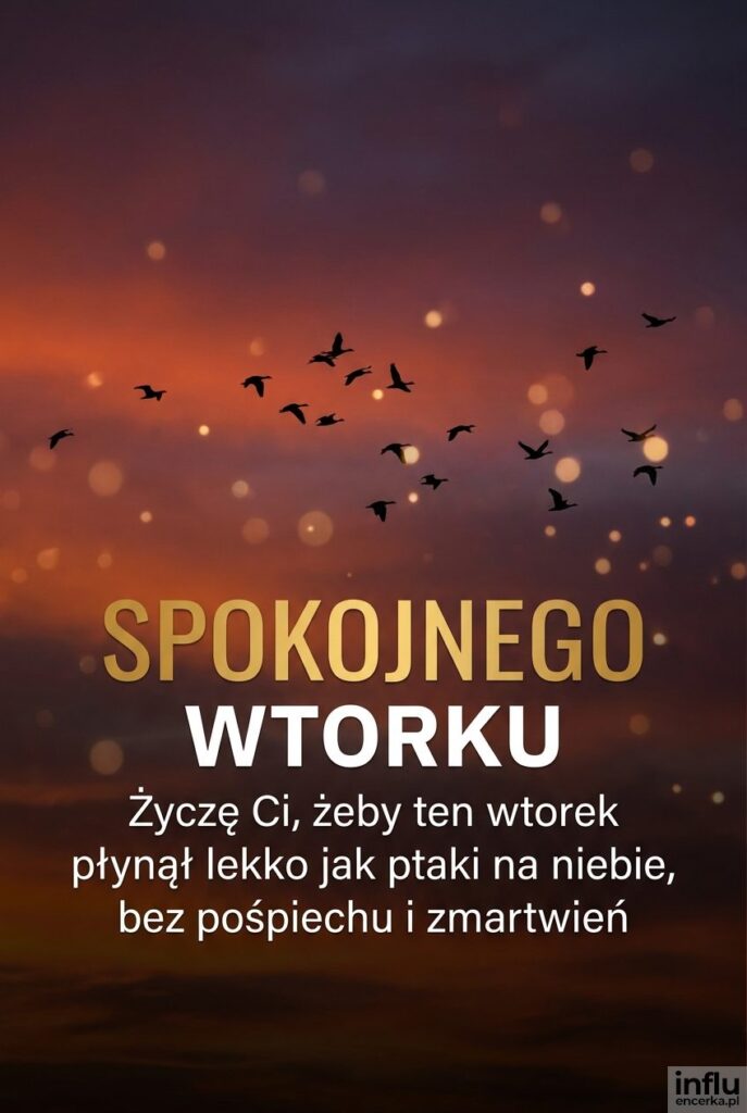 Stado ptaków na tle zachodu słońca z napisem Spokojnego wtorku