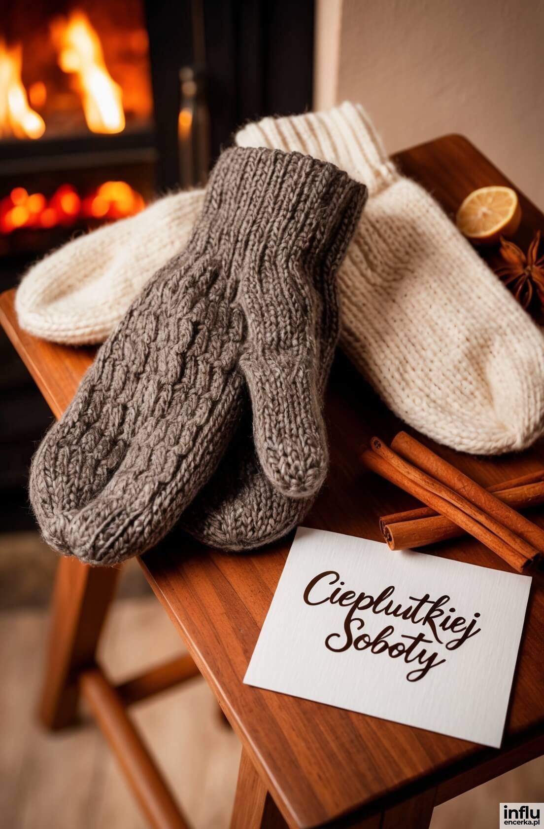 Rękawiczki na stoliku, kartka cieplutkiej soboty