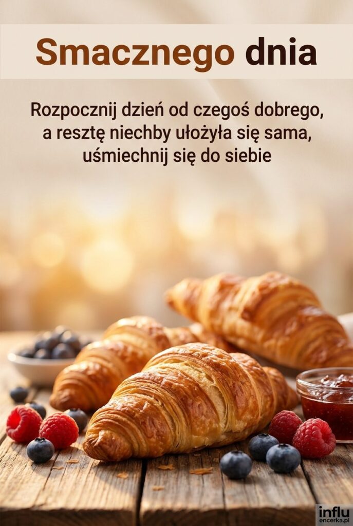 Świeże rogaliki i owoce na drewnianym stole w ciepłym świetle z napisem „Smacznego dnia”.