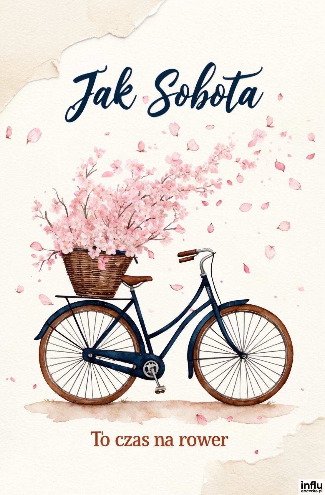 Kartka z rowerem i płatkami kwiatów w koszu, napis: Jak sobota to czas na rower