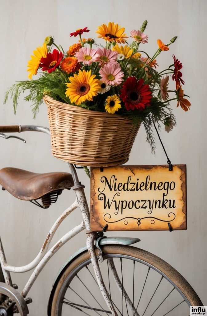 Stary biały rower z wiklinowym koszem pełnym kolorowych gerber, z tabliczką „Niedzielnego Wypoczynku”