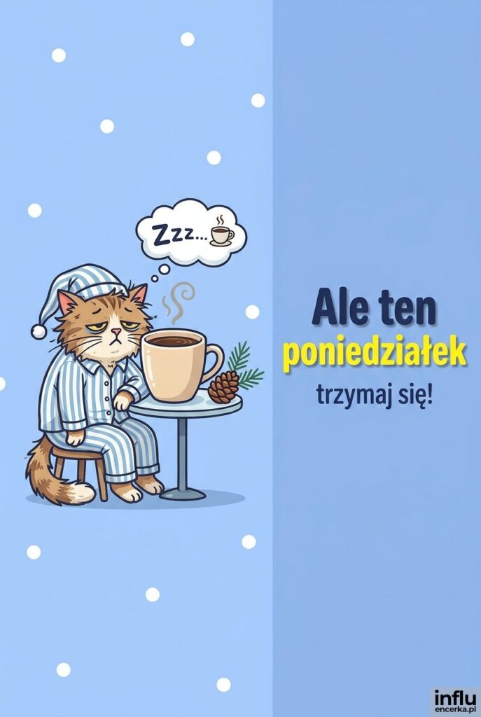 Rozespany kot w piżamie z filiżanką kawy i napisem „Ale ten poniedziałek" na pastelowym tle.