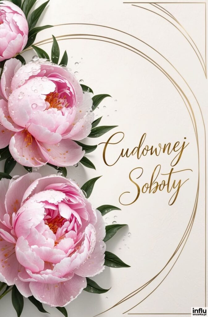 Trzy różowe piwonie z kroplami rosy na jasnym tle, złota ramka i złoty napis kaligraficzny „Cudownej Soboty”