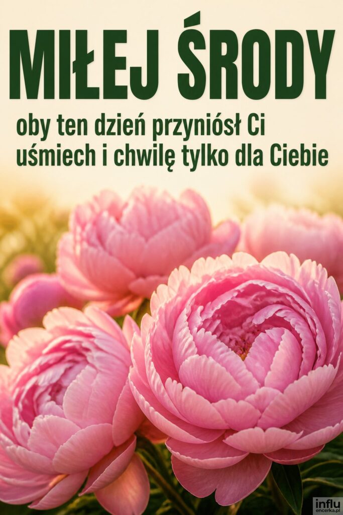 Zbliżenie różowych piwonii z nagłówkiem „MIŁEJ ŚRODY” na jasnym rozmytym tle.