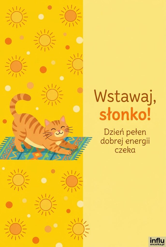 Kreskówkowy rudy kot przeciąga się na macie obok napisu „Wstawaj, słonko!".