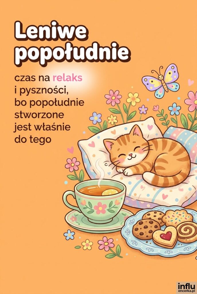 Rudy kotek na poduszce z herbatą, ciastkami, kwiatkami i motylem, z napisem „Leniwe popołudnie".