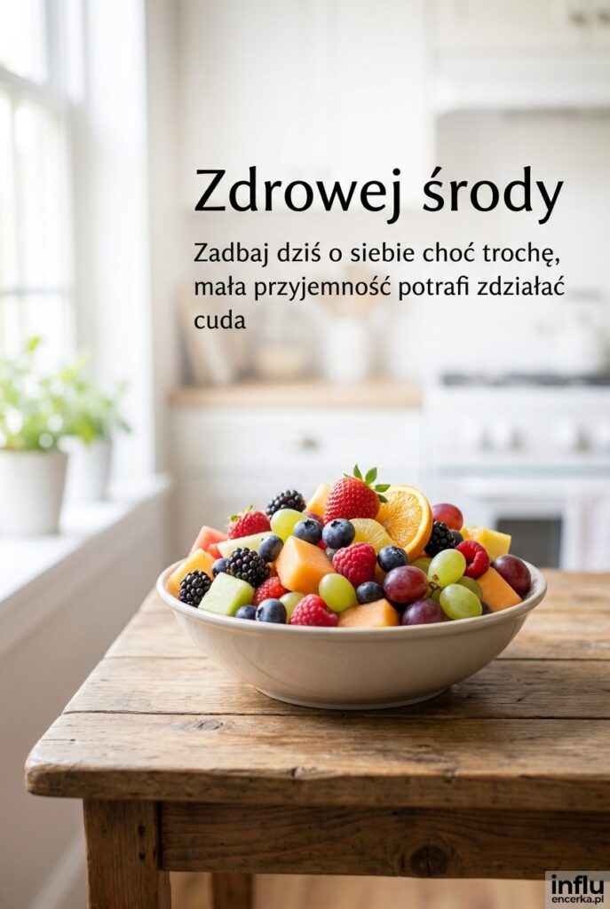 Świeża sałatka owocowa na drewnianym stole z napisem Zdrowej środy