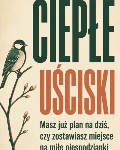 Sitodrukowy ptaszek na gałązce i nagłówek „Ciepłe uściski" na kremowym tle.
