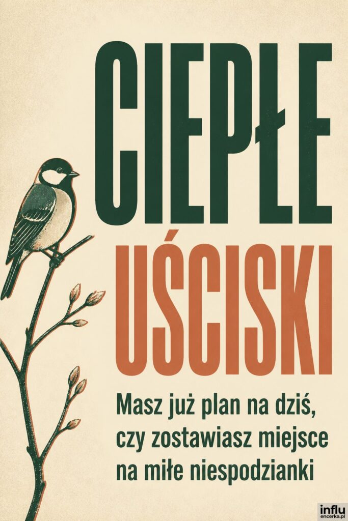 Sitodrukowy ptaszek na gałązce i nagłówek „Ciepłe uściski" na kremowym tle.