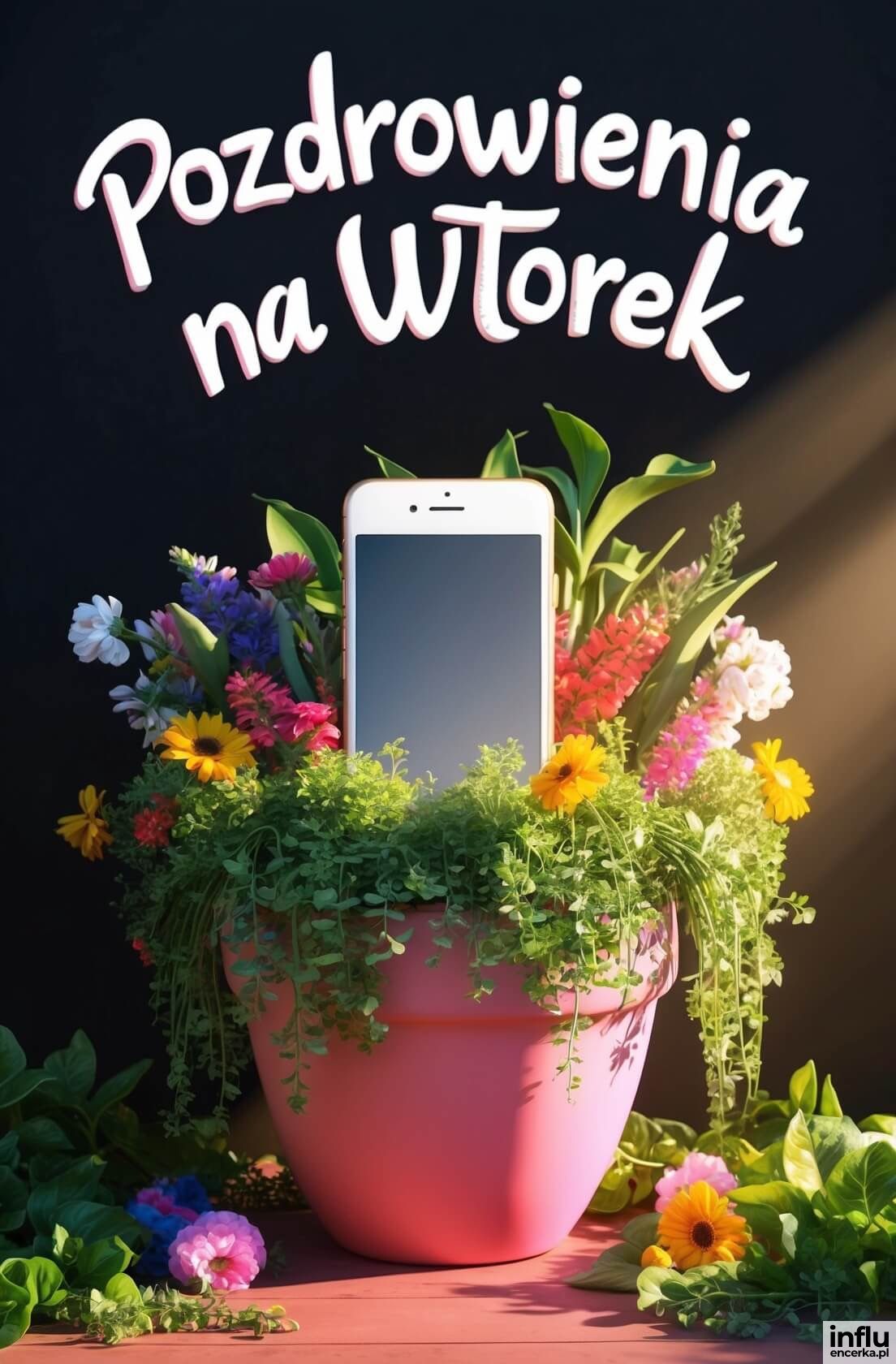 Smartfon w doniczce kwiatów, z pozdrowieniami na wtorek