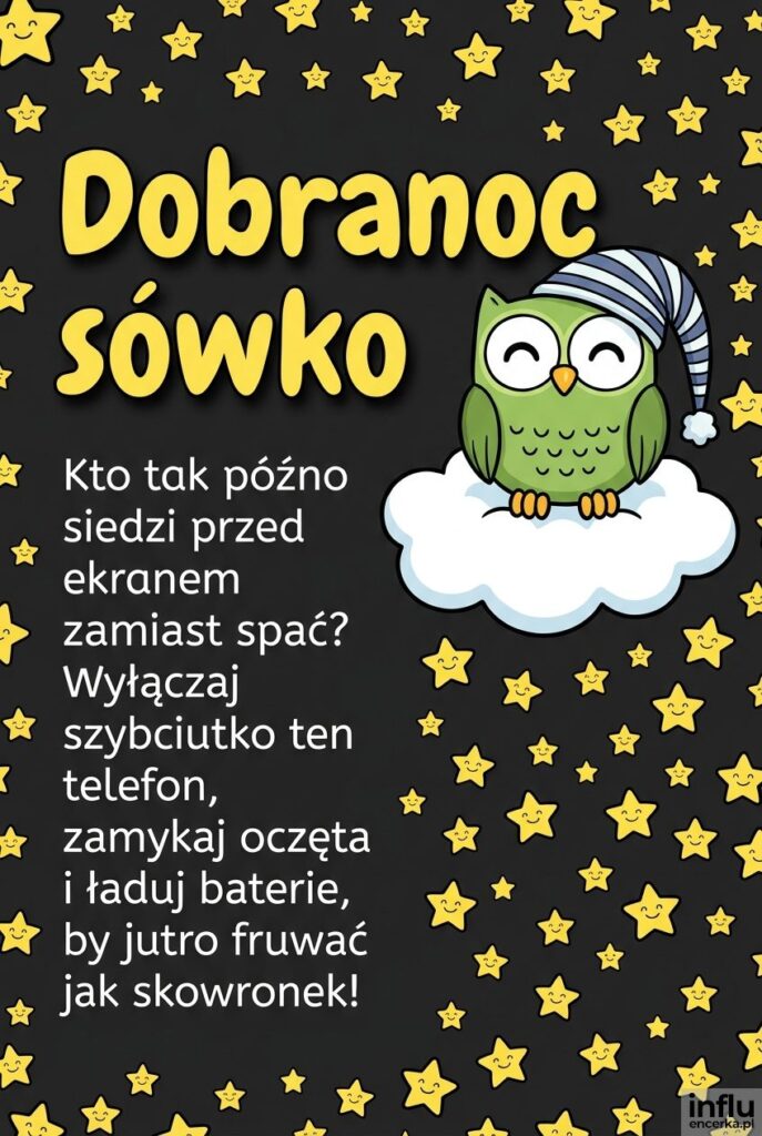 Zabawna sowa w szlafmycy na chmurce podpisana jako „Dobranoc sówko”.