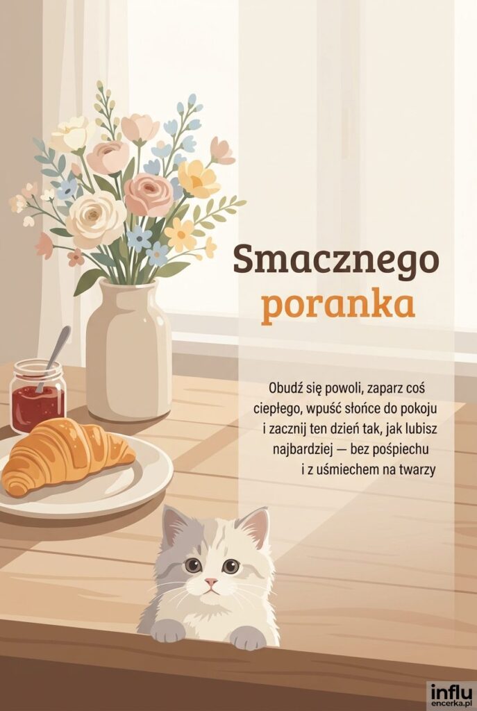 Śniadaniowy stół z rogalikiem, kwiatami i kotkiem w tle oraz napisem „Smacznego poranka" i życzeniem.