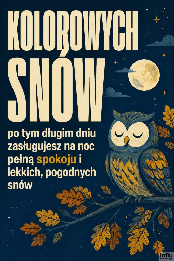 Sitodrukowa ilustracja sennej sowy na gałęzi nocą z nagłówkiem „KOLOROWYCH SNÓW" w bieli.