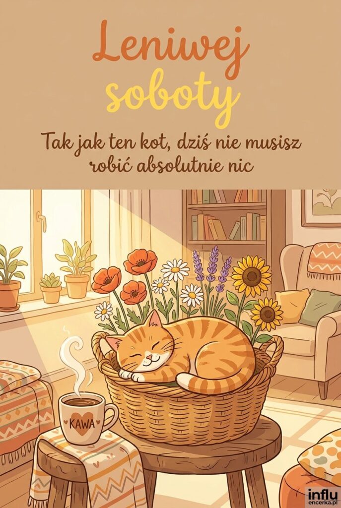 Śpiący kot w koszyku z kwiatami i kubkiem kawy z napisem Leniwej soboty w stylu komiksowym.