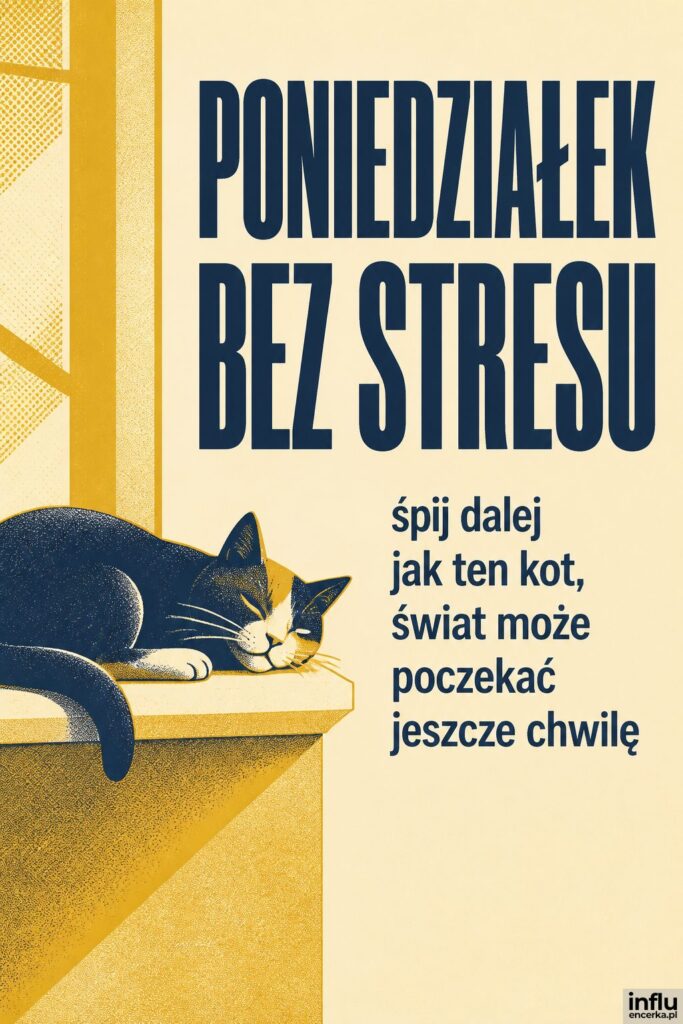 Ilustracja śpiącego kota na parapecie i napis „PONIEDZIAŁEK BEZ STRESU" w stylu sitodruku.