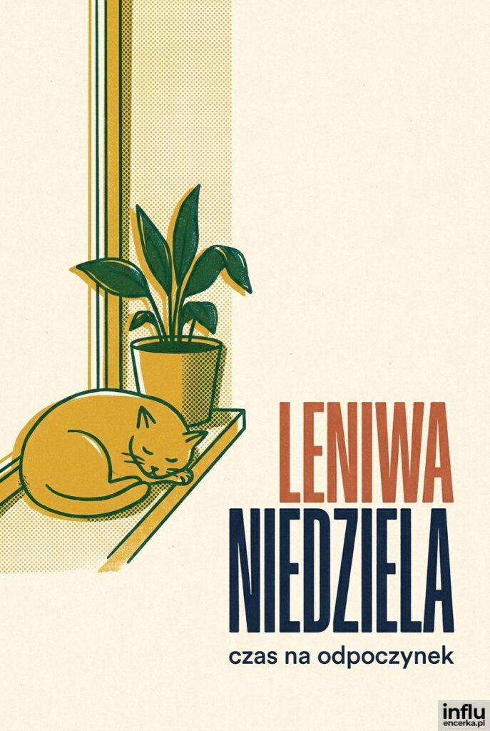 Ilustracja śpiącego kota na parapecie z kwiatkiem obok napisu „Leniwa niedziela" w stylu risografu.