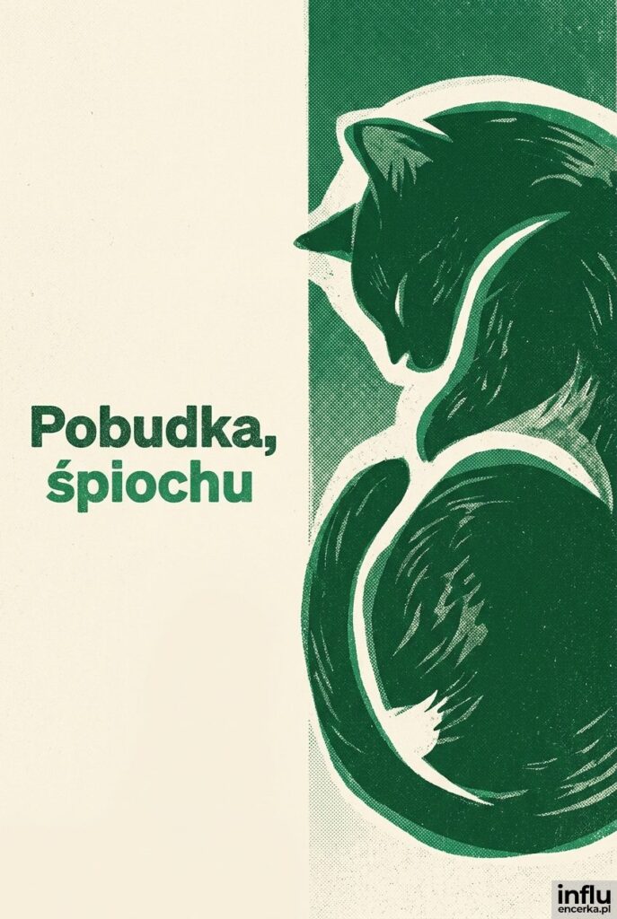 Płaska ilustracja śpiącego kota w stylu risografu z napisem „Pobudka, śpiochu".