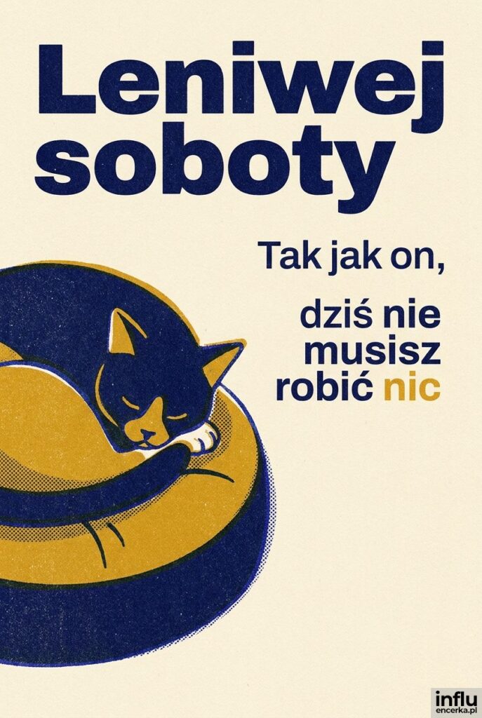 Ilustracja śpiącego kotka w stylu risografu z napisem Leniwej soboty