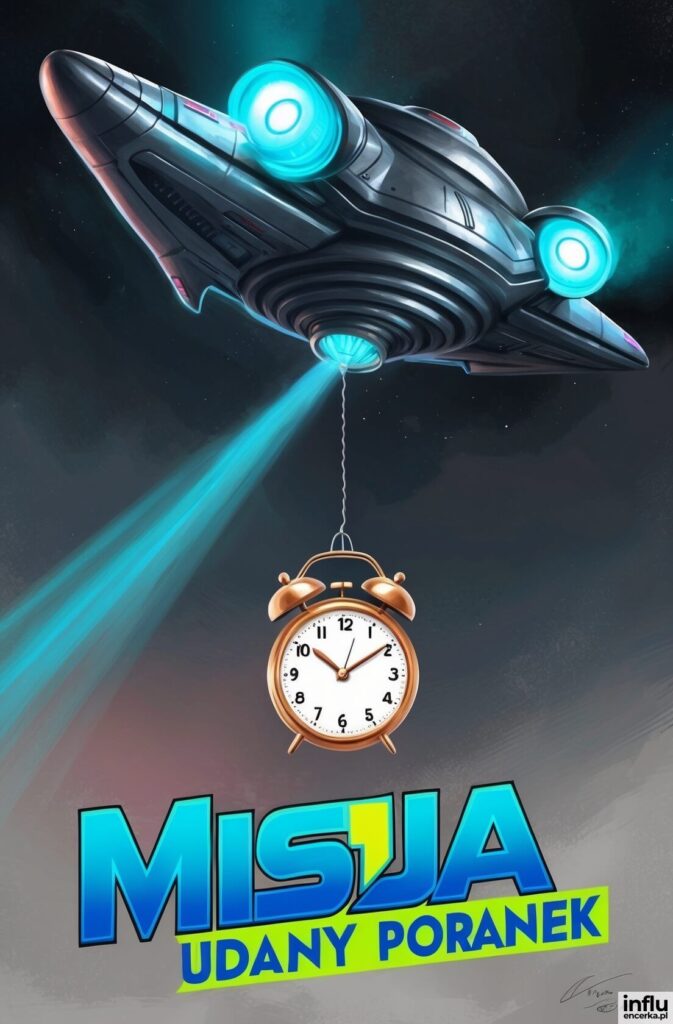 Statek kosmiczny w stylu sci-fi unosi wiązką traktora złoty budzik na ciemnym tle — napis „MISJA UDANY PORANEK”
