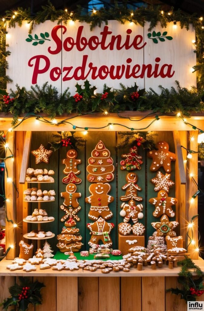 Drewniany stragan jarmarku bożonarodzeniowego pełen pierników w kształcie ludzików, choinek i gwiazdek, oświetlony lampkami, z napisem „Sobotnie Pozdrowienia”