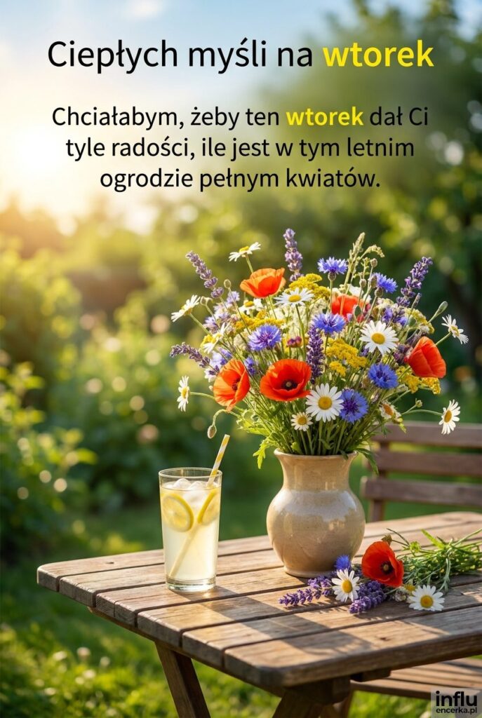 Stół w ogrodzie z bukietem kwiatów i lemoniadą, napis Ciepłych myśli na wtorek