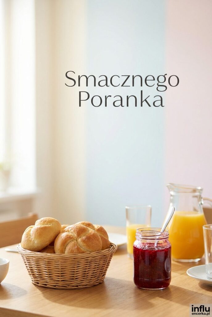 Stół z niedzielnym śniadaniem i napisem „Smacznego Poranka" na tle rozmytej ściany.